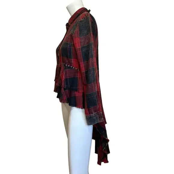 Zara Studded Distressed Circus Red Black Tartan Plaid Shirt Punk sz S NWT - Picture 3 of 13